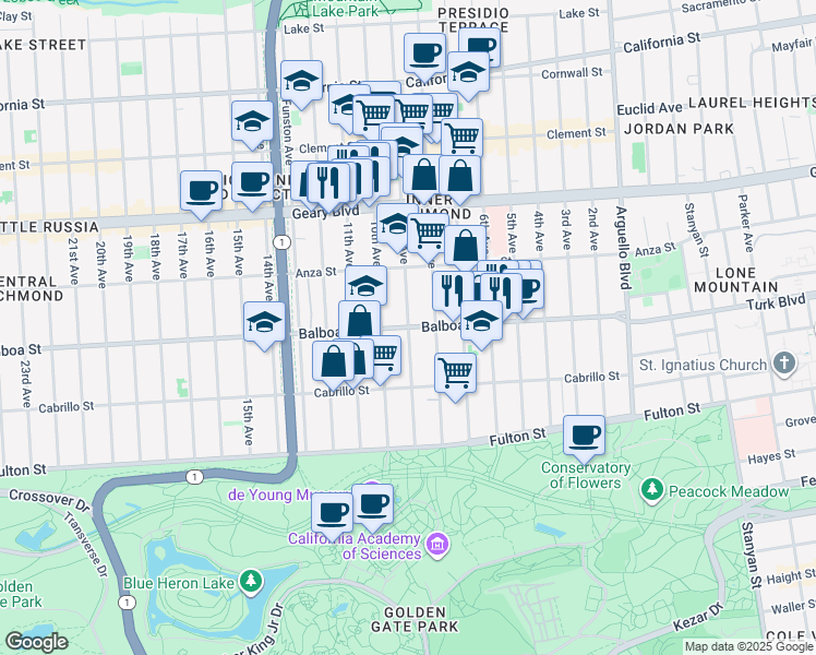 map of restaurants, bars, coffee shops, grocery stores, and more near Balboa St & 9th Ave in San Francisco