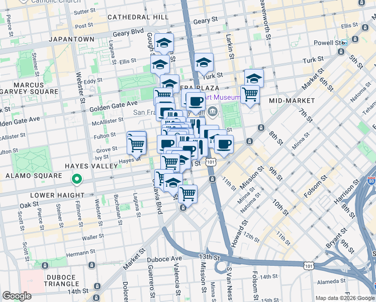 map of restaurants, bars, coffee shops, grocery stores, and more near Franklin St & Hayes St in San Francisco