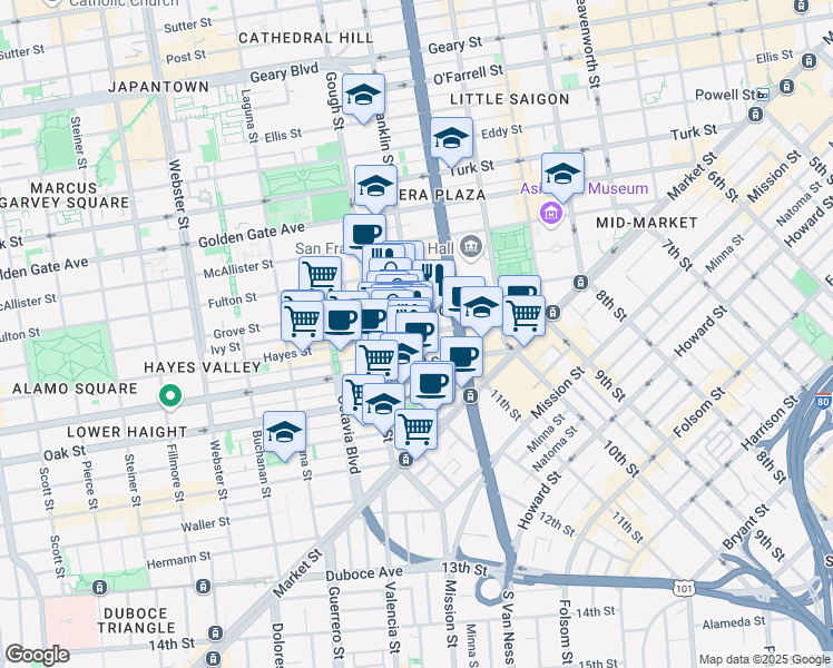 map of restaurants, bars, coffee shops, grocery stores, and more near 300 Franklin Street in San Francisco