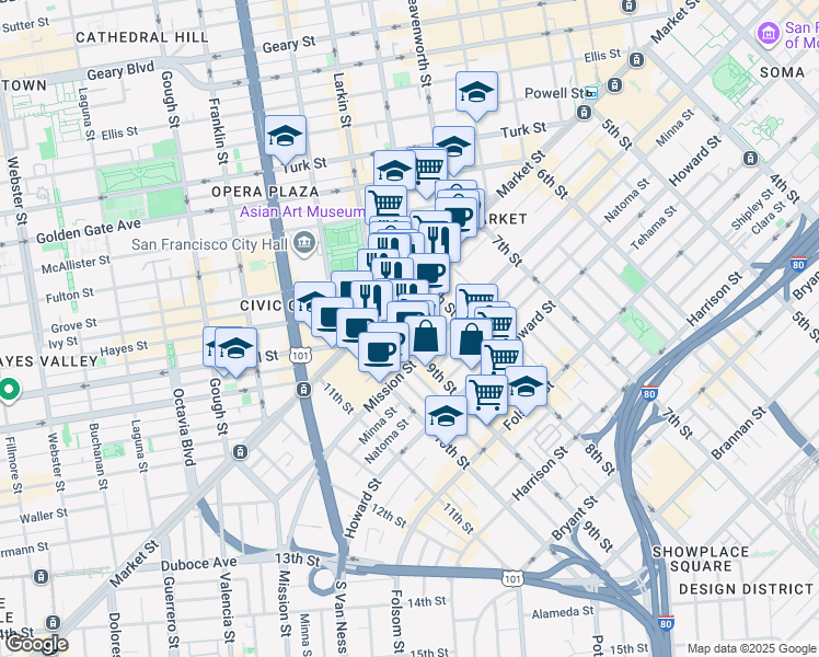 map of restaurants, bars, coffee shops, grocery stores, and more near 55 9th Street in San Francisco
