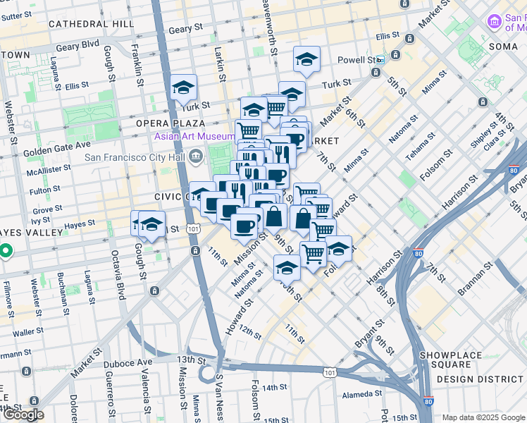 map of restaurants, bars, coffee shops, grocery stores, and more near 55 9th Street in San Francisco