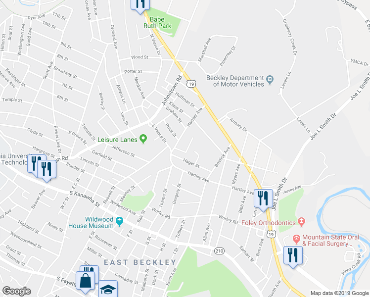 map of restaurants, bars, coffee shops, grocery stores, and more near 102 Lauren Avenue in Beckley