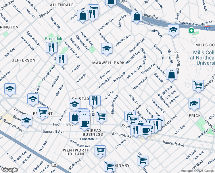 map of restaurants, bars, coffee shops, grocery stores, and more near 2636 Maxwell Avenue in Oakland
