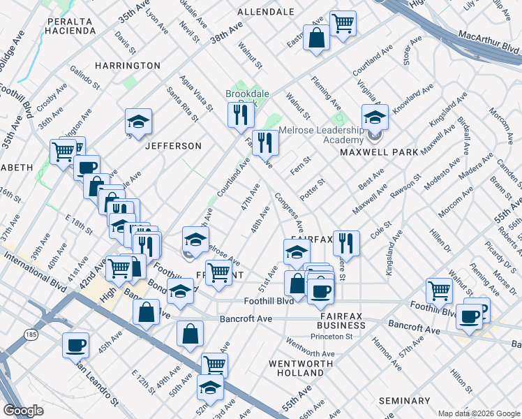 map of restaurants, bars, coffee shops, grocery stores, and more near 2272 47th Avenue in Oakland