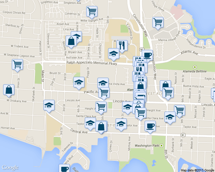 map of restaurants, bars, coffee shops, grocery stores, and more near 529A Buena Vista Avenue in Alameda