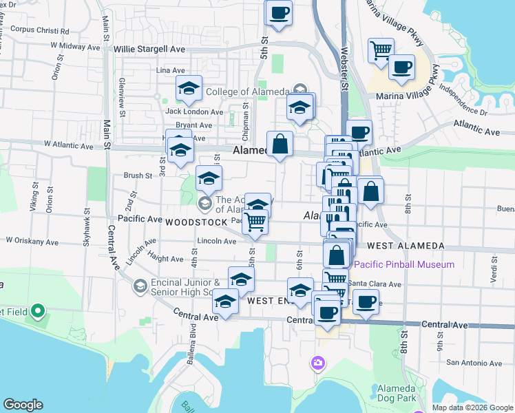 map of restaurants, bars, coffee shops, grocery stores, and more near 529A Buena Vista Avenue in Alameda
