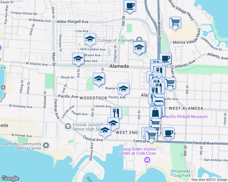 map of restaurants, bars, coffee shops, grocery stores, and more near 460 Buena Vista Avenue in Alameda