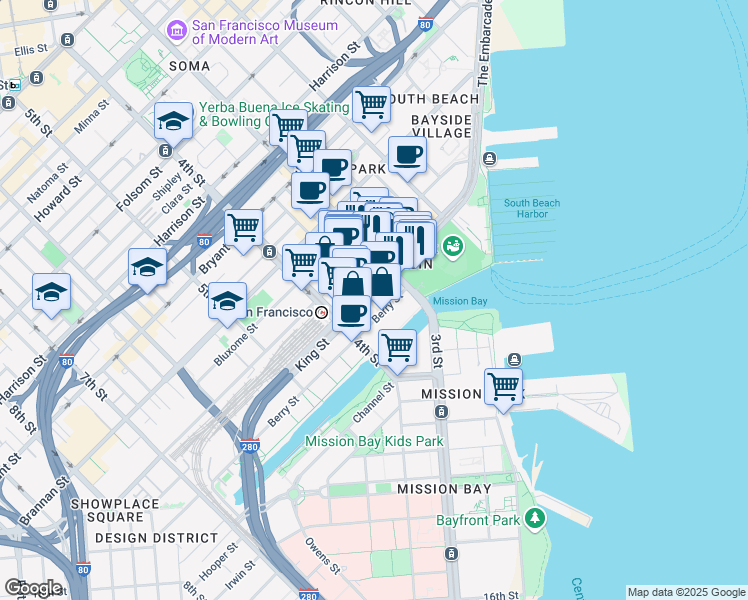 map of restaurants, bars, coffee shops, grocery stores, and more near 219 King Street in San Francisco