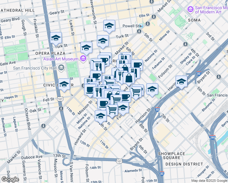 map of restaurants, bars, coffee shops, grocery stores, and more near in San Francisco
