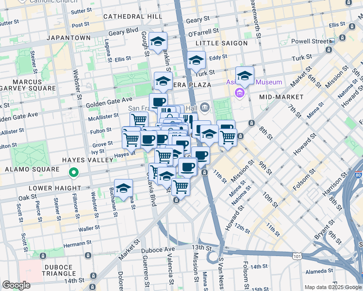 map of restaurants, bars, coffee shops, grocery stores, and more near 300 Franklin Street in San Francisco