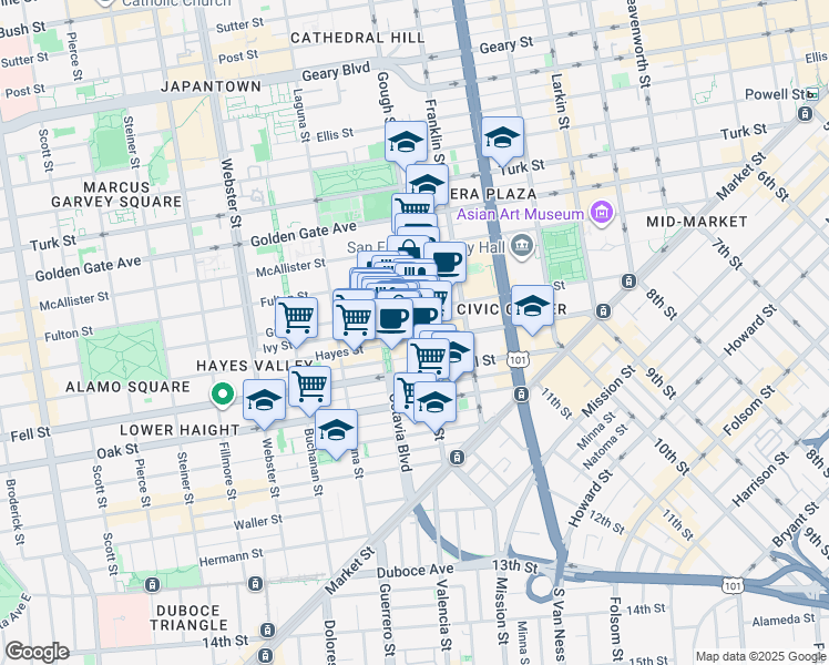 map of restaurants, bars, coffee shops, grocery stores, and more near 465 Grove Street in San Francisco