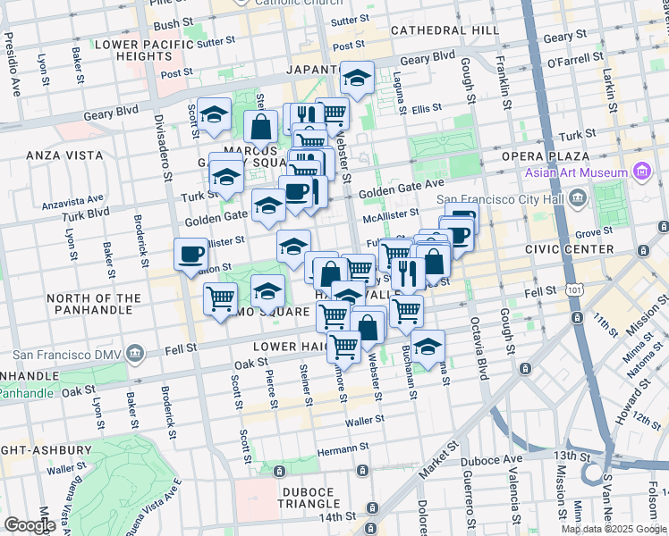 map of restaurants, bars, coffee shops, grocery stores, and more near 895 Fulton Street in San Francisco