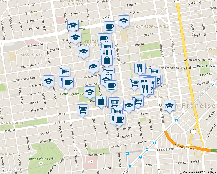 map of restaurants, bars, coffee shops, grocery stores, and more near 895 Fulton Street in San Francisco
