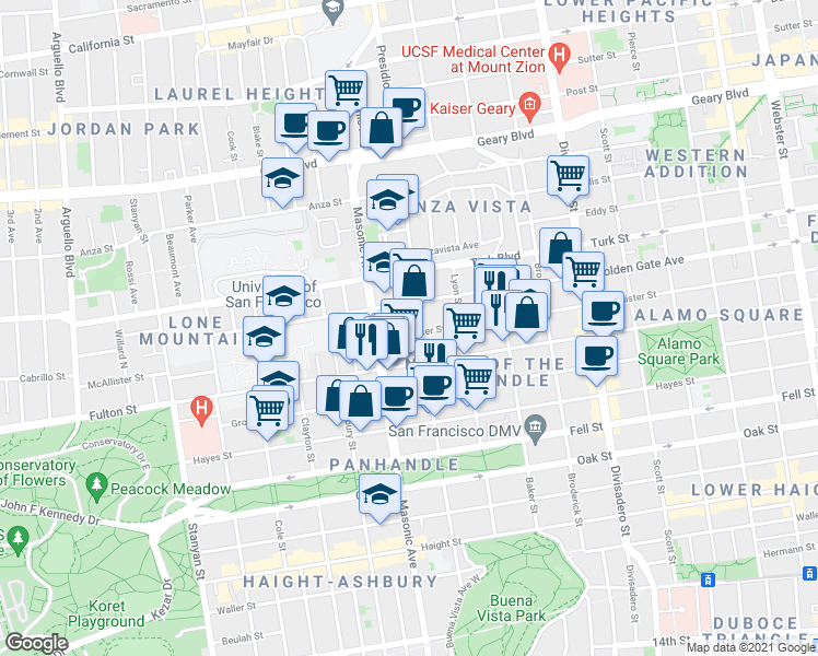 map of restaurants, bars, coffee shops, grocery stores, and more near 836 Central Avenue in San Francisco