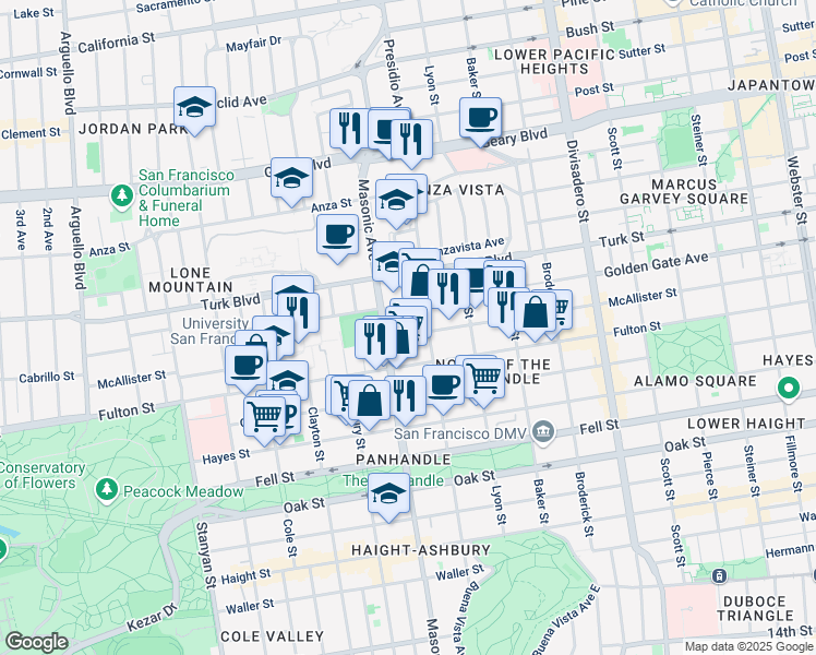 map of restaurants, bars, coffee shops, grocery stores, and more near 2187 Golden Gate Avenue in San Francisco