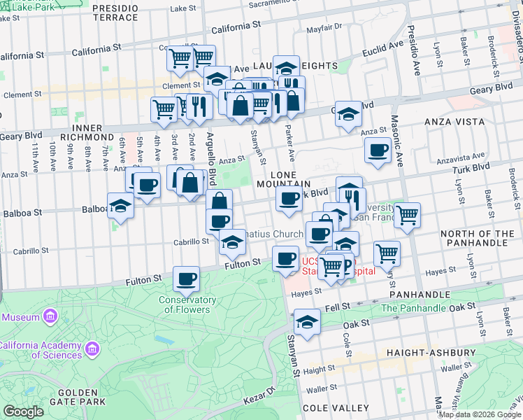 map of restaurants, bars, coffee shops, grocery stores, and more near 3001 Turk Boulevard in San Francisco