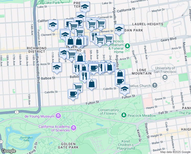 map of restaurants, bars, coffee shops, grocery stores, and more near 591 5th Avenue in San Francisco
