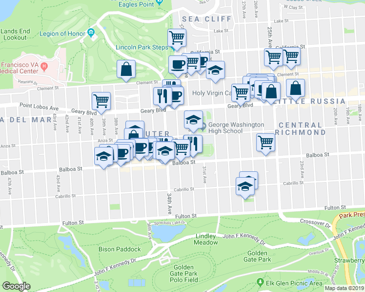 map of restaurants, bars, coffee shops, grocery stores, and more near 610 33rd Avenue in San Francisco