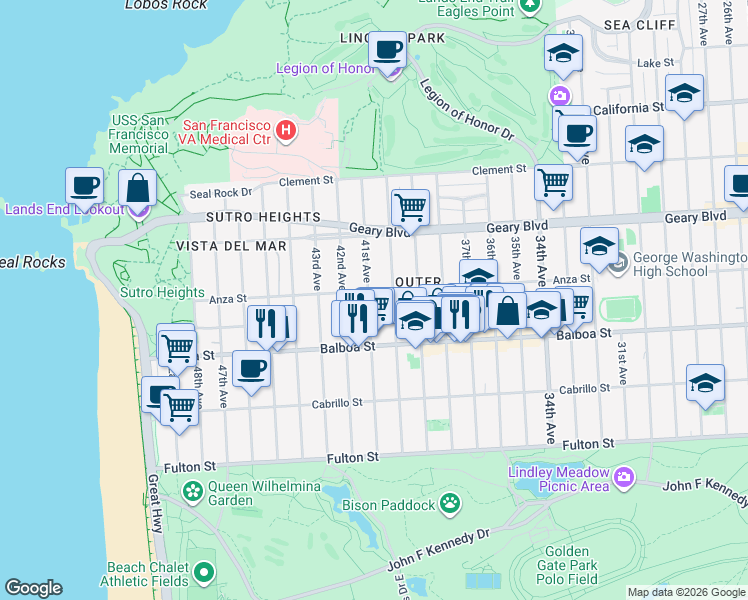 map of restaurants, bars, coffee shops, grocery stores, and more near 595 41st Avenue in San Francisco