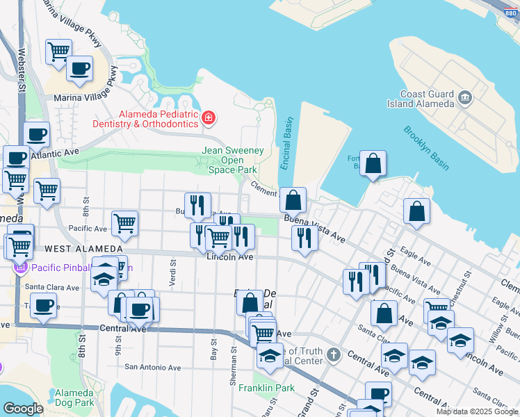map of restaurants, bars, coffee shops, grocery stores, and more near 1501 Buena Vista Avenue in Alameda