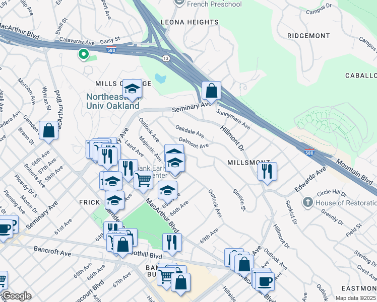 map of restaurants, bars, coffee shops, grocery stores, and more near 6318 Buena Ventura Avenue in Oakland