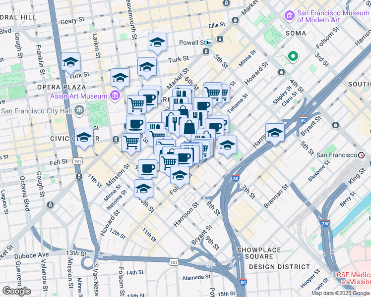 map of restaurants, bars, coffee shops, grocery stores, and more near 1136 Howard Street in San Francisco