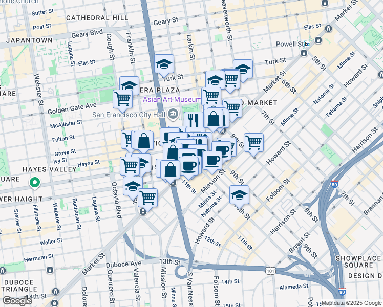 map of restaurants, bars, coffee shops, grocery stores, and more near 95 Hayes Street in San Francisco