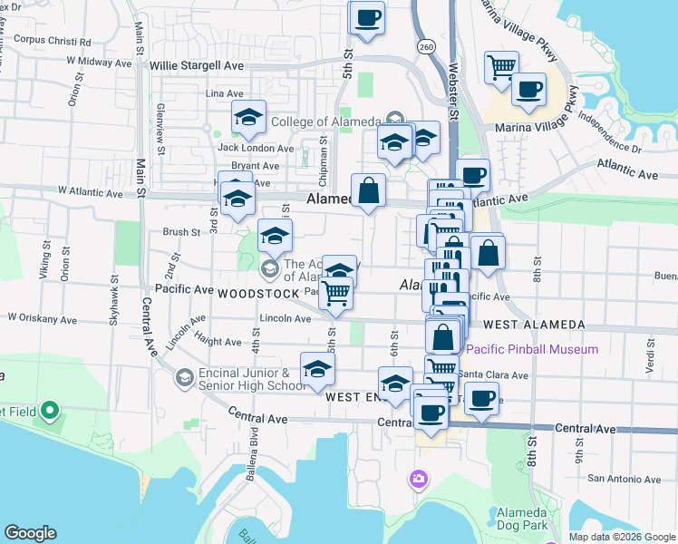 map of restaurants, bars, coffee shops, grocery stores, and more near 529A Buena Vista Avenue in Alameda