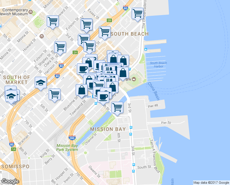 map of restaurants, bars, coffee shops, grocery stores, and more near 219 King Street in San Francisco