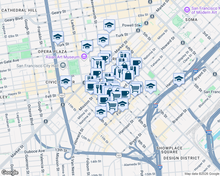 map of restaurants, bars, coffee shops, grocery stores, and more near 695 Minna Street in San Francisco