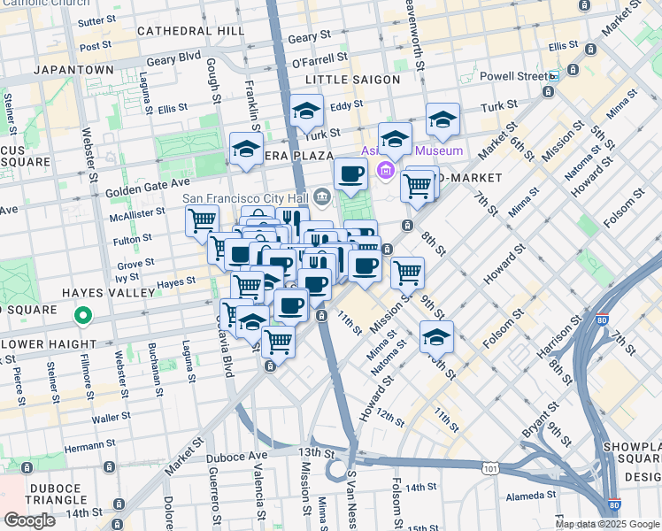 map of restaurants, bars, coffee shops, grocery stores, and more near 150 Van Ness Avenue in San Francisco