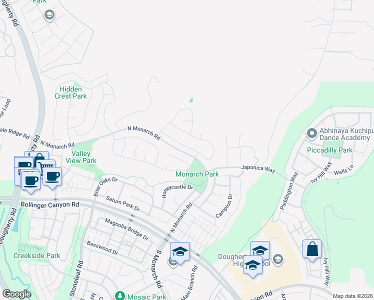 map of restaurants, bars, coffee shops, grocery stores, and more near 3252 Carpenter Way in San Ramon