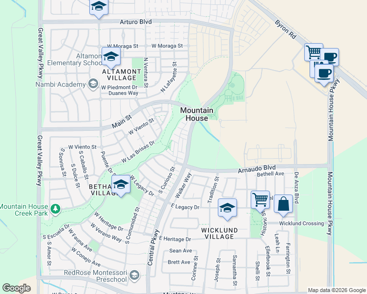 map of restaurants, bars, coffee shops, grocery stores, and more near 121 West Del Sol Lane in Mountain House