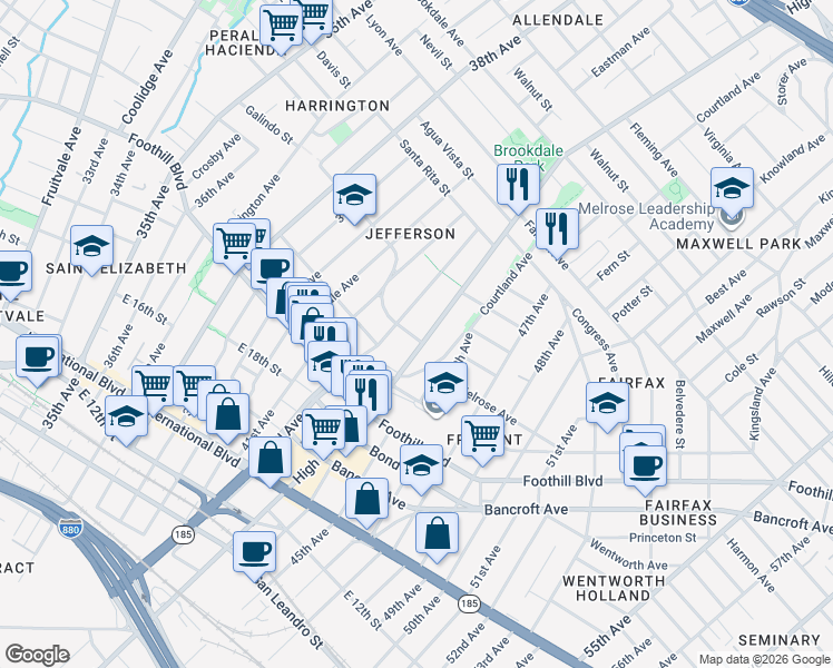 map of restaurants, bars, coffee shops, grocery stores, and more near 4224 Carrington Street in Oakland