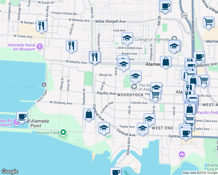 map of restaurants, bars, coffee shops, grocery stores, and more near 218 Cypress Street in Alameda
