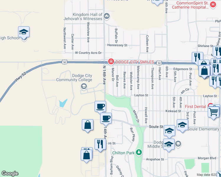 map of restaurants, bars, coffee shops, grocery stores, and more near 2400 North 14th Avenue in Dodge City