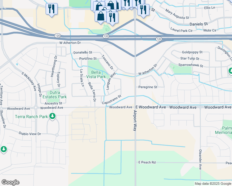 map of restaurants, bars, coffee shops, grocery stores, and more near 2174 Gibralter Drive in Manteca