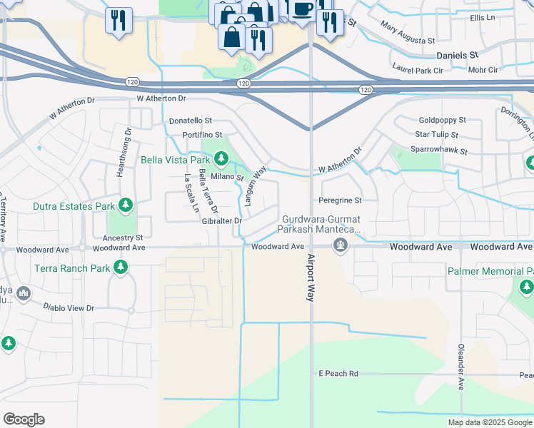 map of restaurants, bars, coffee shops, grocery stores, and more near 2174 Gibralter Drive in Manteca
