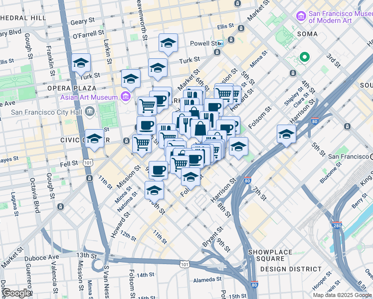 map of restaurants, bars, coffee shops, grocery stores, and more near 1136 Howard Street in San Francisco