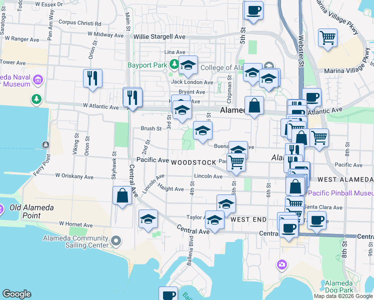 map of restaurants, bars, coffee shops, grocery stores, and more near 399 Cypress Street in Alameda
