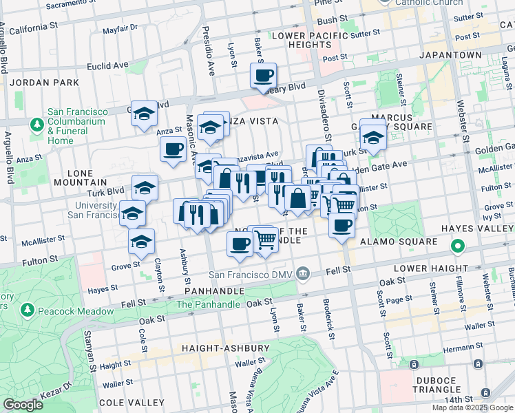 map of restaurants, bars, coffee shops, grocery stores, and more near McAllister Street & Lyon Street in San Francisco