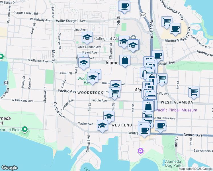 map of restaurants, bars, coffee shops, grocery stores, and more near 460 Buena Vista Avenue in Alameda