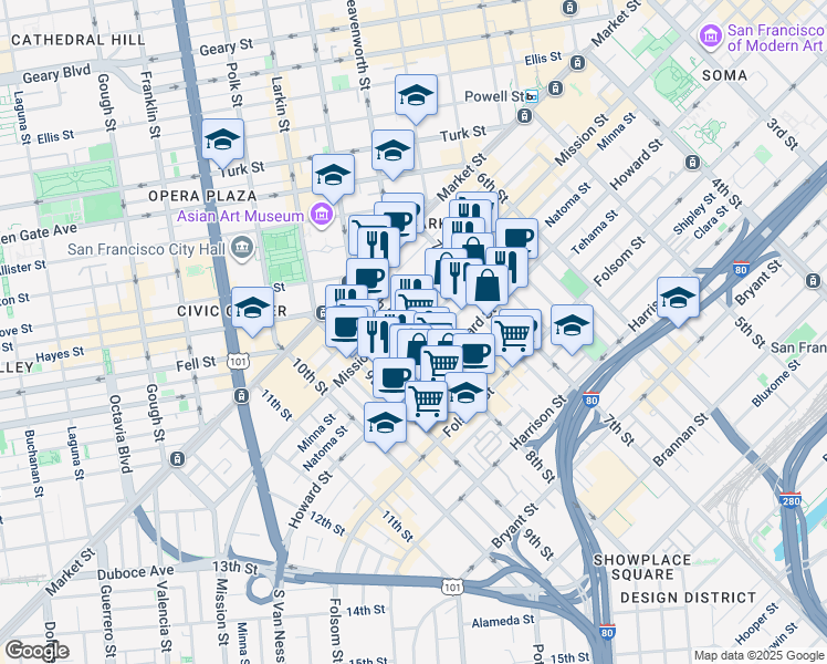 map of restaurants, bars, coffee shops, grocery stores, and more near 139 8th Street in San Francisco