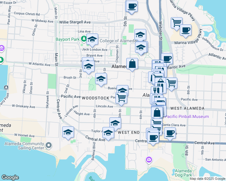 map of restaurants, bars, coffee shops, grocery stores, and more near 460 Buena Vista Avenue in Alameda