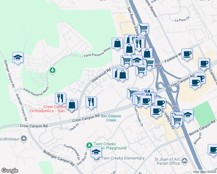 map of restaurants, bars, coffee shops, grocery stores, and more near 325 Promontory Terrace in San Ramon