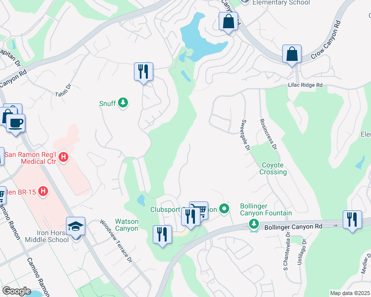 map of restaurants, bars, coffee shops, grocery stores, and more near 805 Watson Canyon Court in San Ramon
