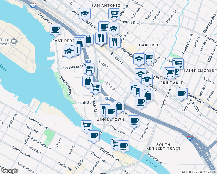 map of restaurants, bars, coffee shops, grocery stores, and more near 2704 East 9th Street in Oakland
