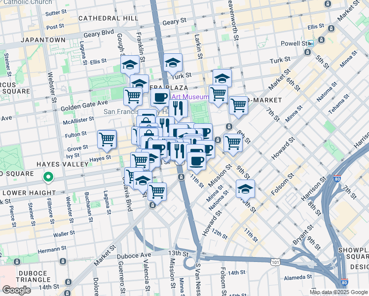 map of restaurants, bars, coffee shops, grocery stores, and more near 150 Van Ness Avenue in San Francisco