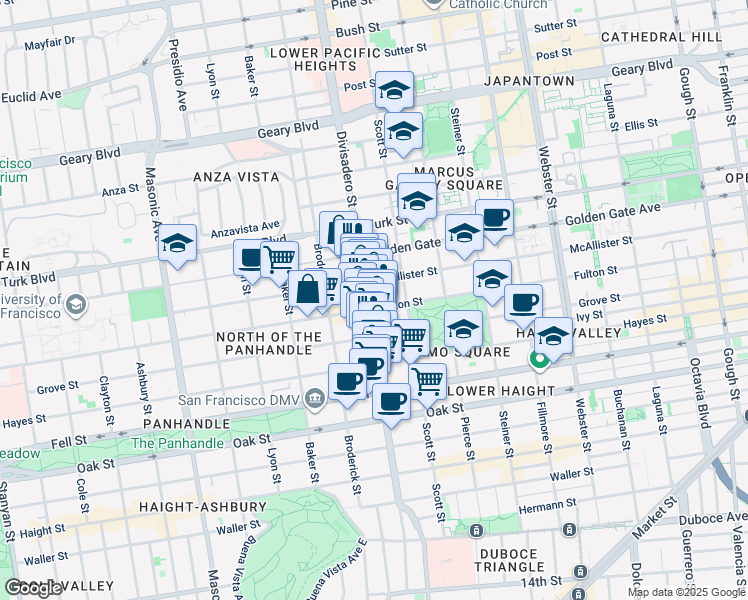 map of restaurants, bars, coffee shops, grocery stores, and more near 1555 McAllister Street in San Francisco