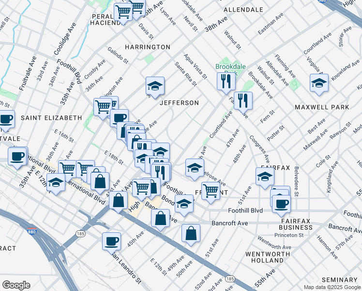 map of restaurants, bars, coffee shops, grocery stores, and more near 2121 High Street in Oakland